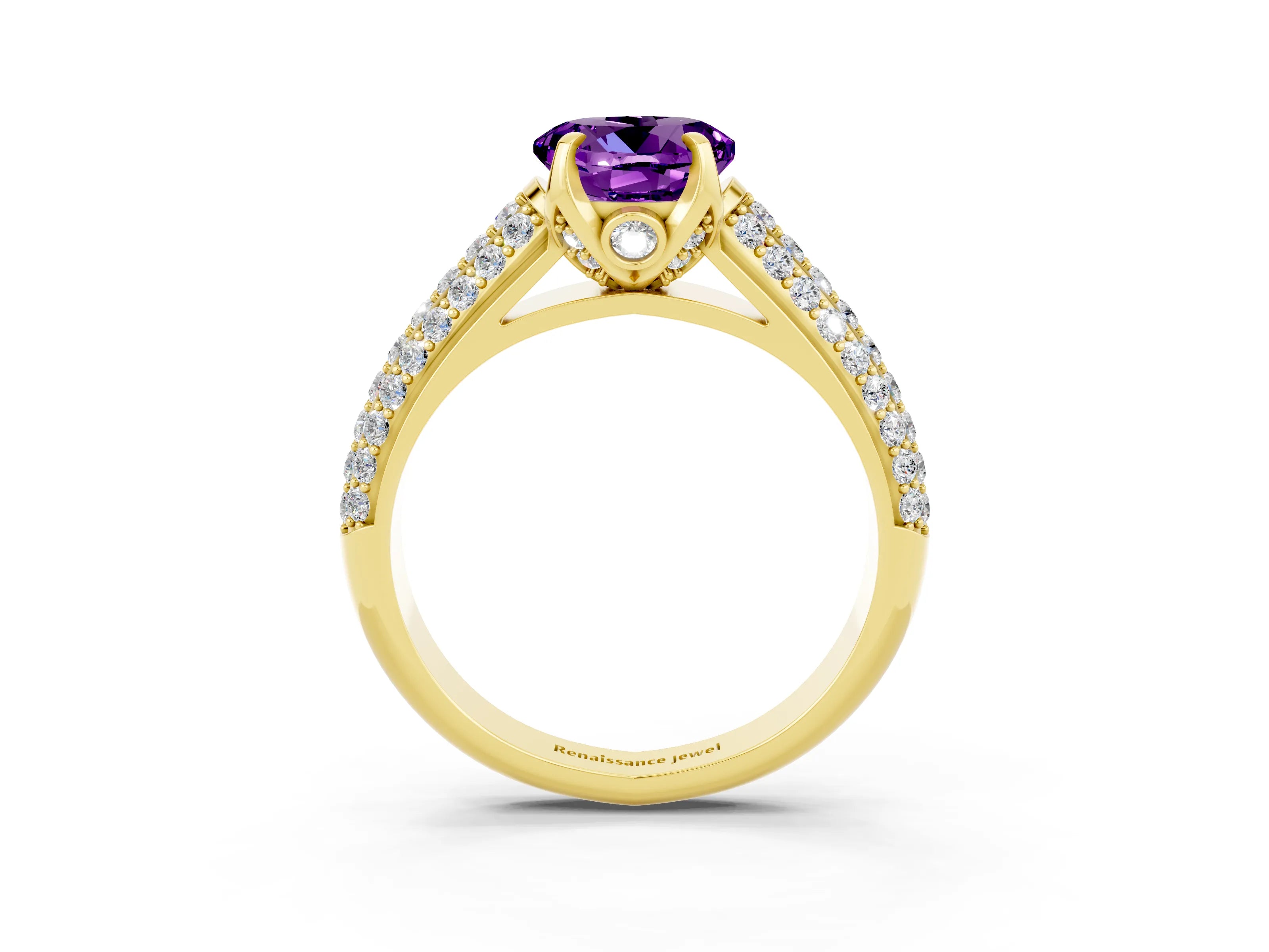 Yellow gold Round Cut Amethyst Solitaire Ring with Three-Row Pavé Band and Four-Prong Setting_15