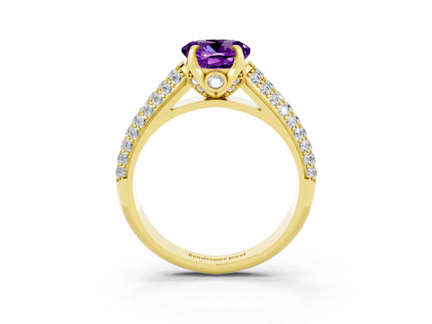 Yellow gold Round Cut Amethyst Solitaire Ring with Three-Row Pavé Band and Four-Prong Setting_15