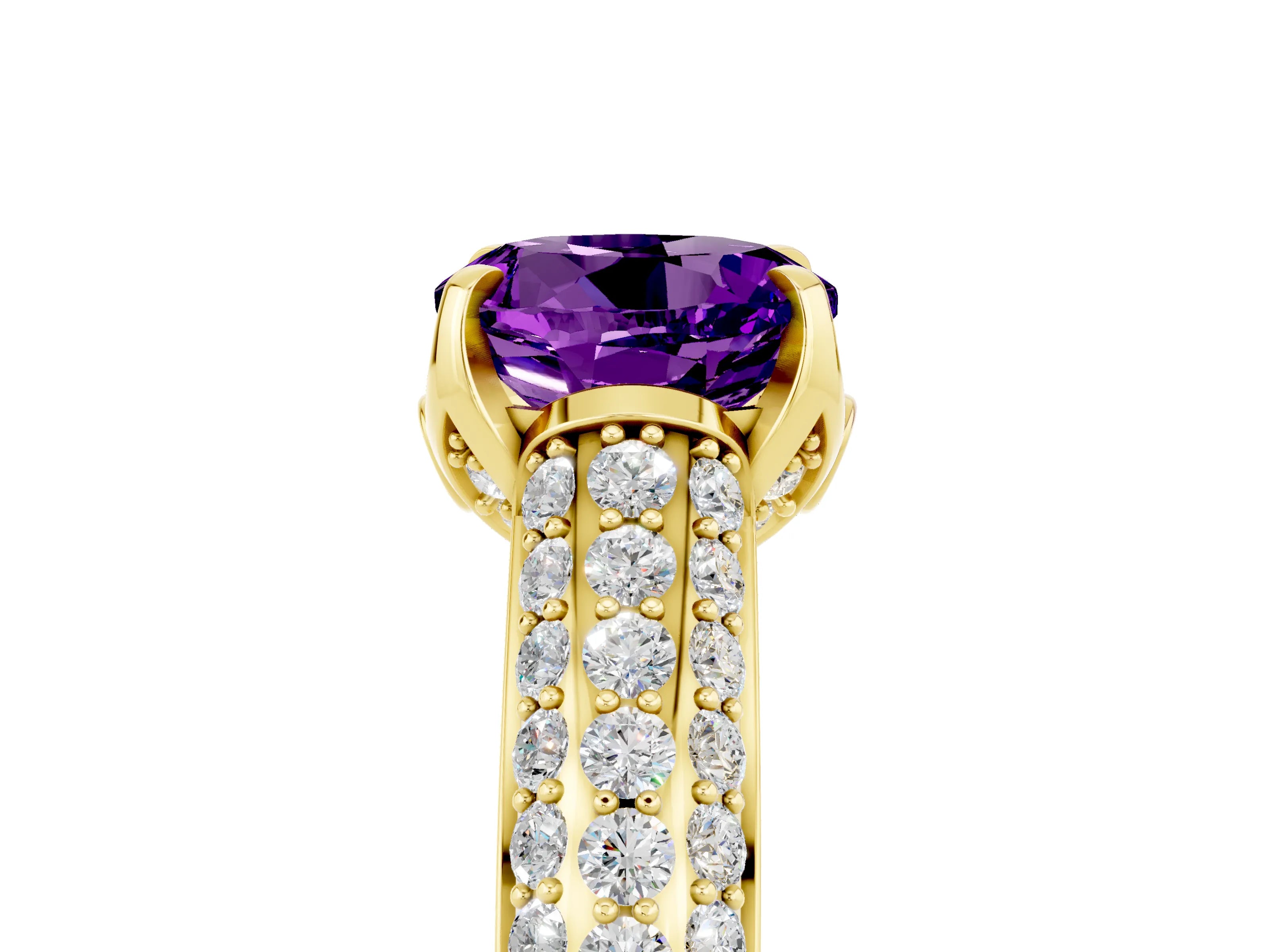 Yellow gold Round Cut Amethyst Solitaire Ring with Three-Row Pavé Band and Four-Prong Setting_17