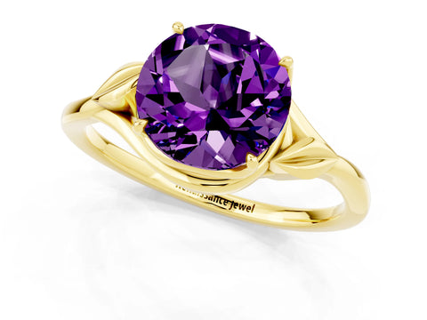 Yellow gold Round Cut Amethyst Solitaire Ring with Twist Band and Four-Prong Setting_25