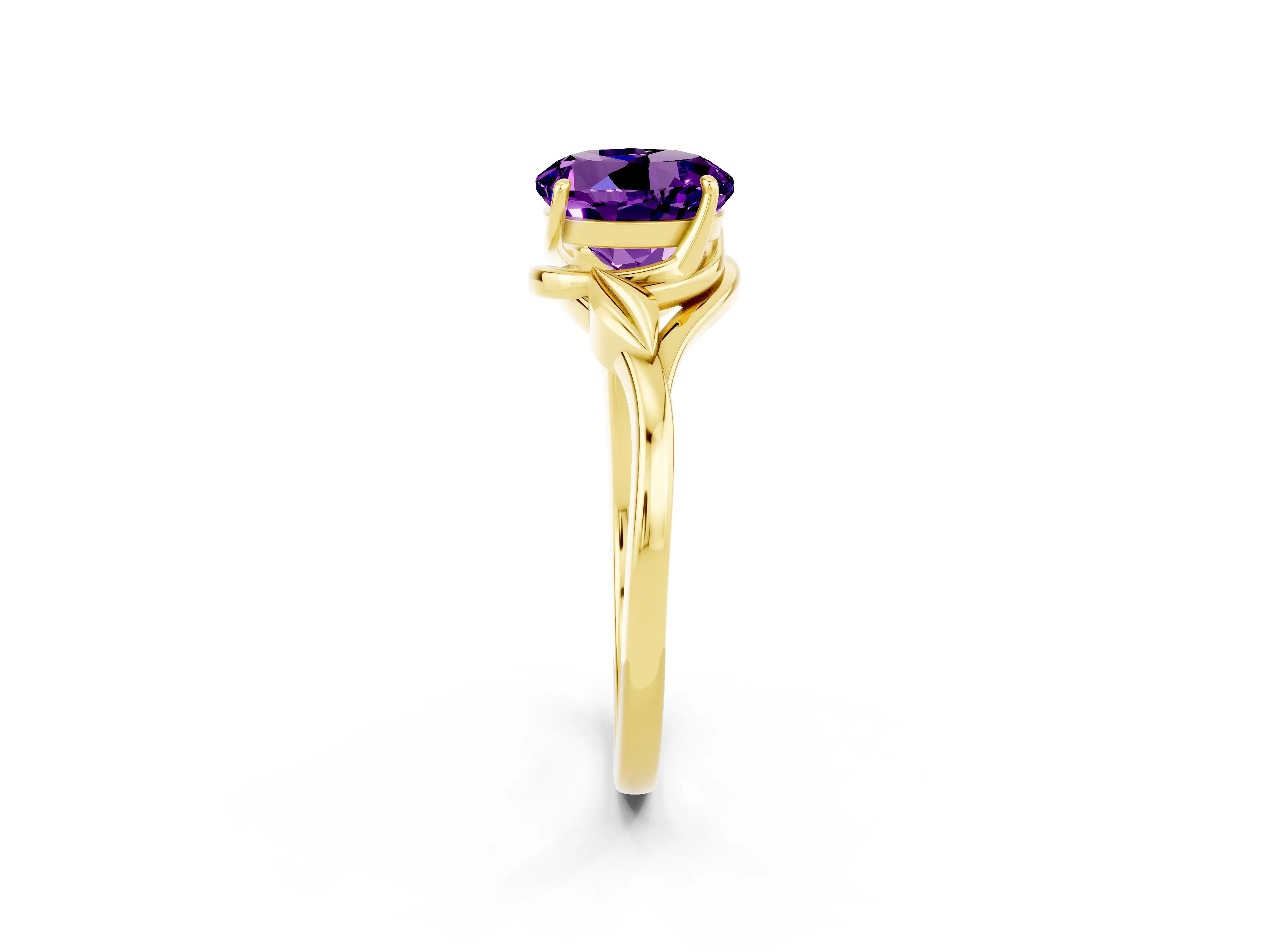 Yellow gold Round Cut Amethyst Solitaire Ring with Twist Band and Four-Prong Setting_26
