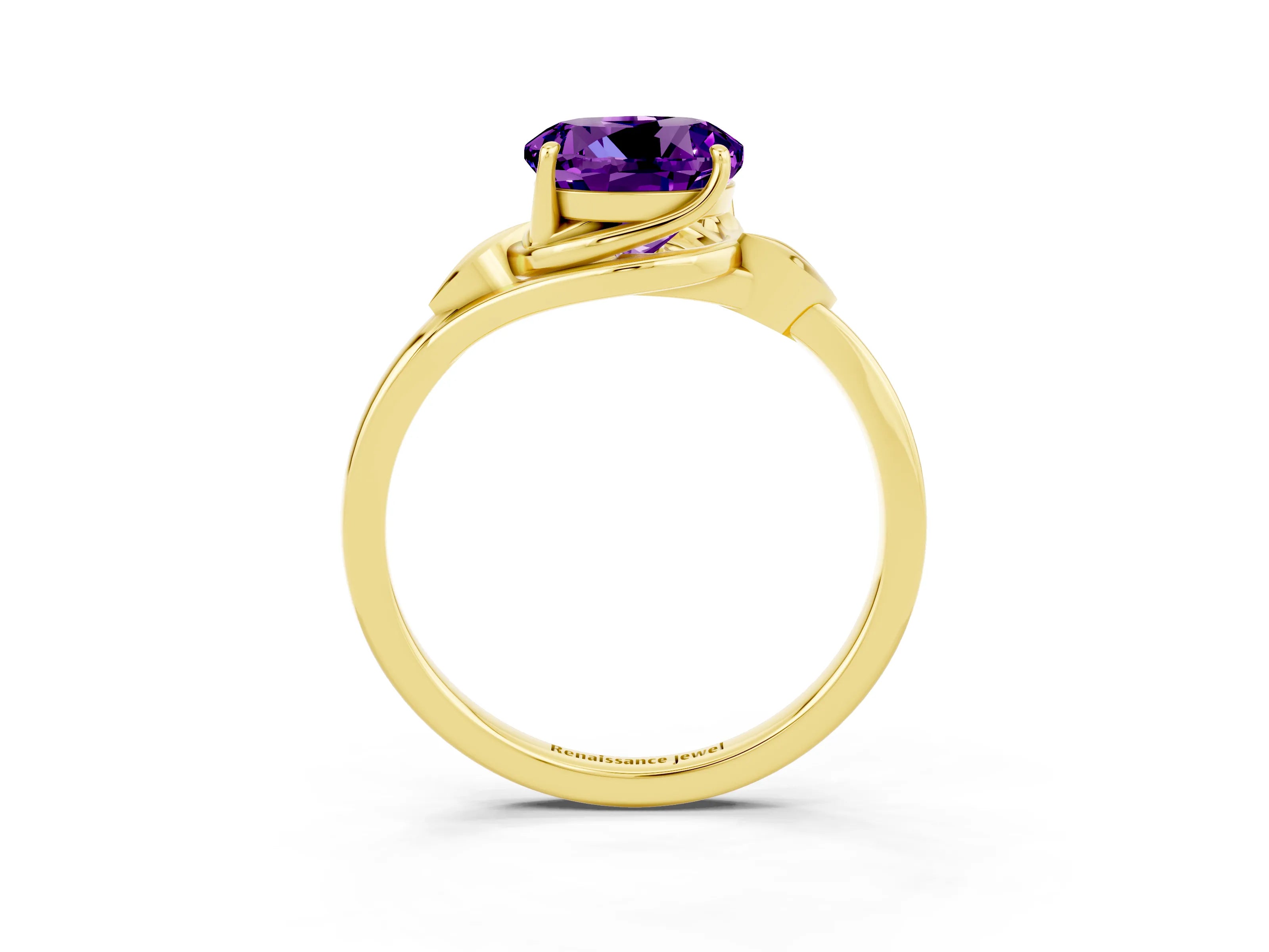 Yellow gold Round Cut Amethyst Solitaire Ring with Twist Band and Four-Prong Setting_27