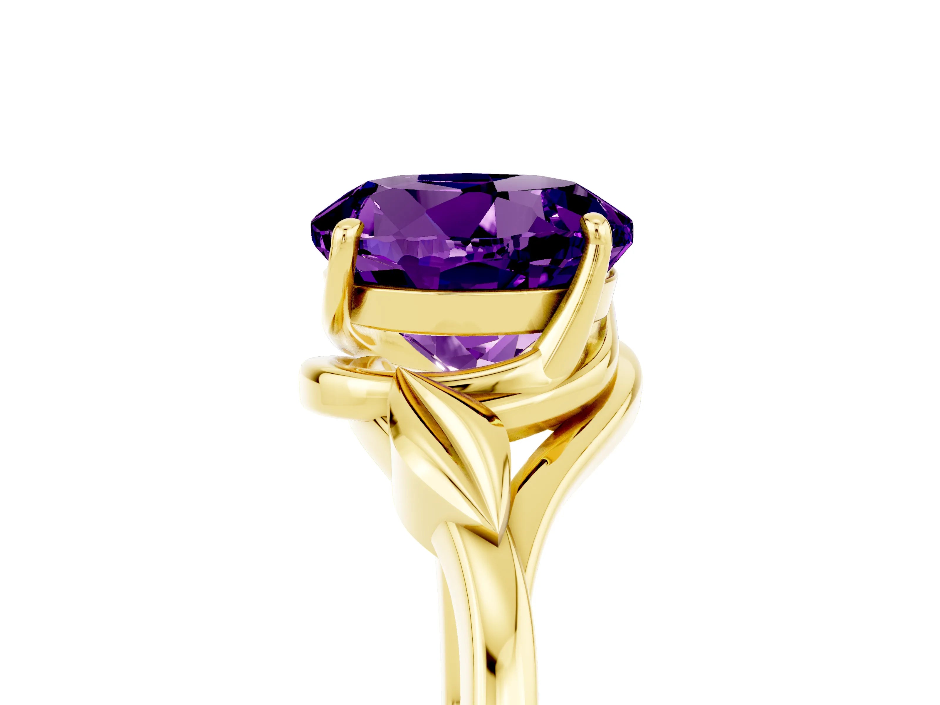 Yellow gold Round Cut Amethyst Solitaire Ring with Twist Band and Four-Prong Setting_29