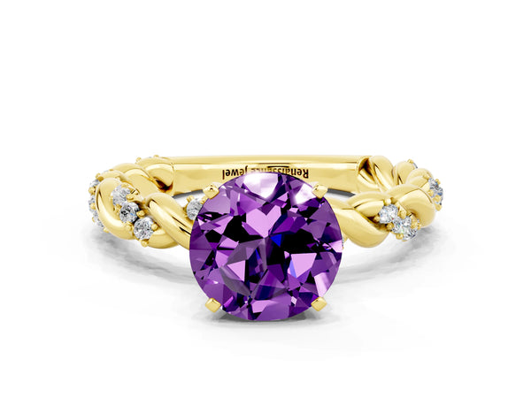 Yellow gold Round Cut Amethyst Solitaire Ring with Twisted Band and Pavé Accents