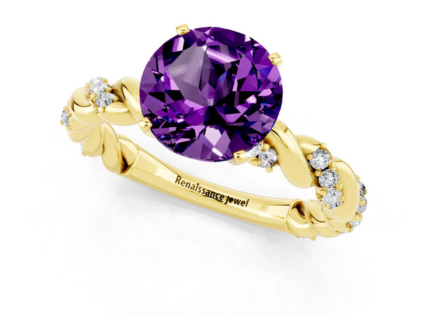 Yellow gold Round Cut Amethyst Solitaire Ring with Twisted Band and Pavé Accents