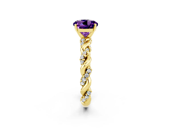 Yellow gold Round Cut Amethyst Solitaire Ring with Twisted Band and Pavé Accents