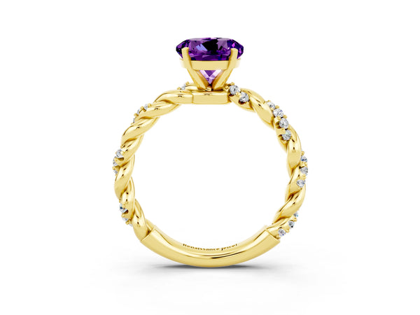 Yellow gold Round Cut Amethyst Solitaire Ring with Twisted Band and Pavé Accents