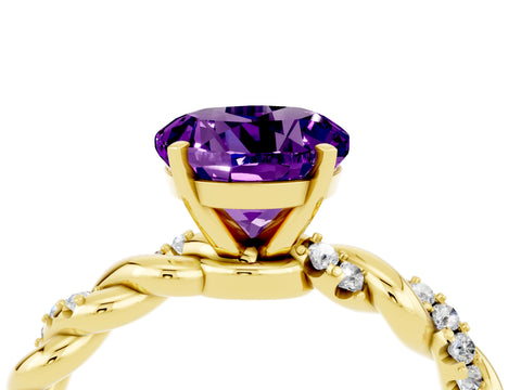 Yellow gold Round Cut Amethyst Solitaire Ring with Twisted Band and Pavé Accents_4