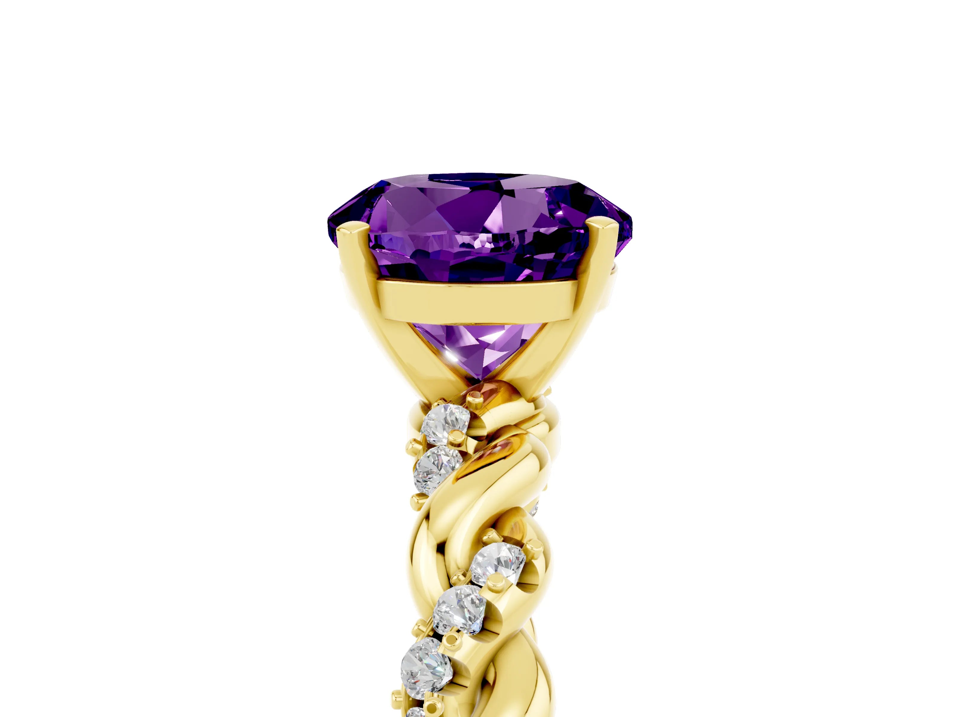 Yellow gold Round Cut Amethyst Solitaire Ring with Twisted Band and Pavé Accents_5
