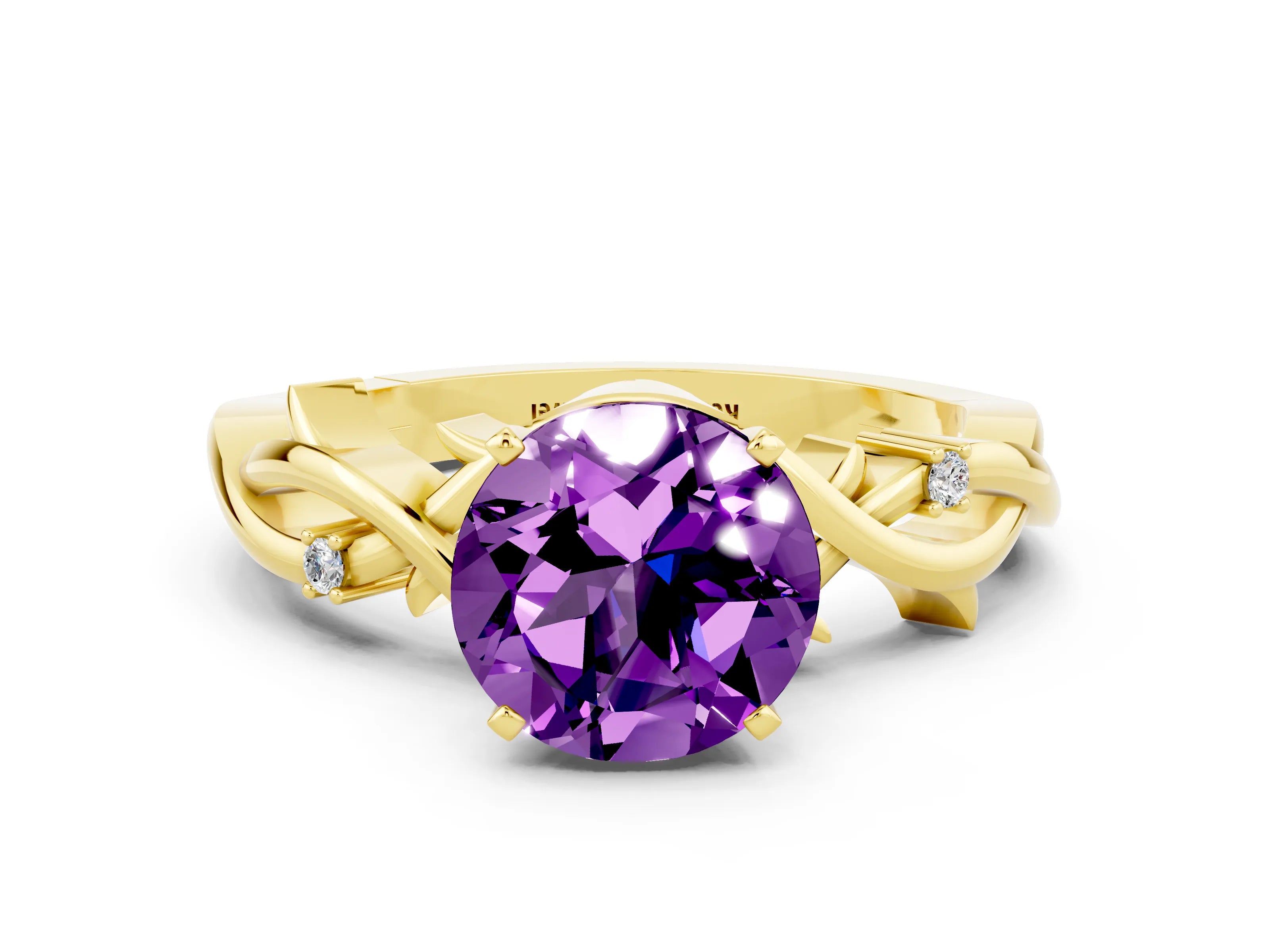 Yellow gold Round Cut Amethyst Solitaire Ring with Twisted Band and Prong Setting