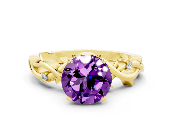 Yellow gold Round Cut Amethyst Solitaire Ring with Twisted Band and Prong Setting