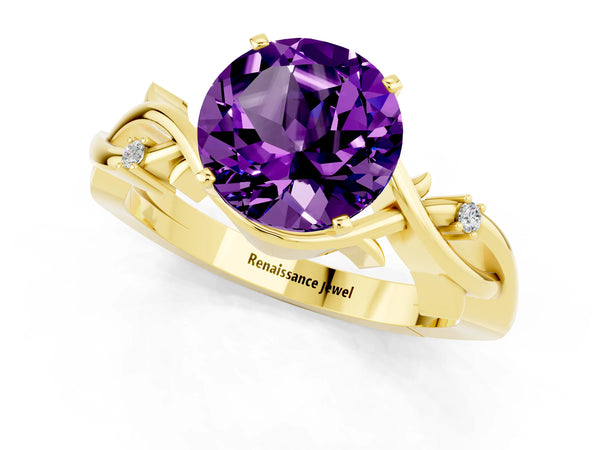 Yellow gold Round Cut Amethyst Solitaire Ring with Twisted Band and Prong Setting