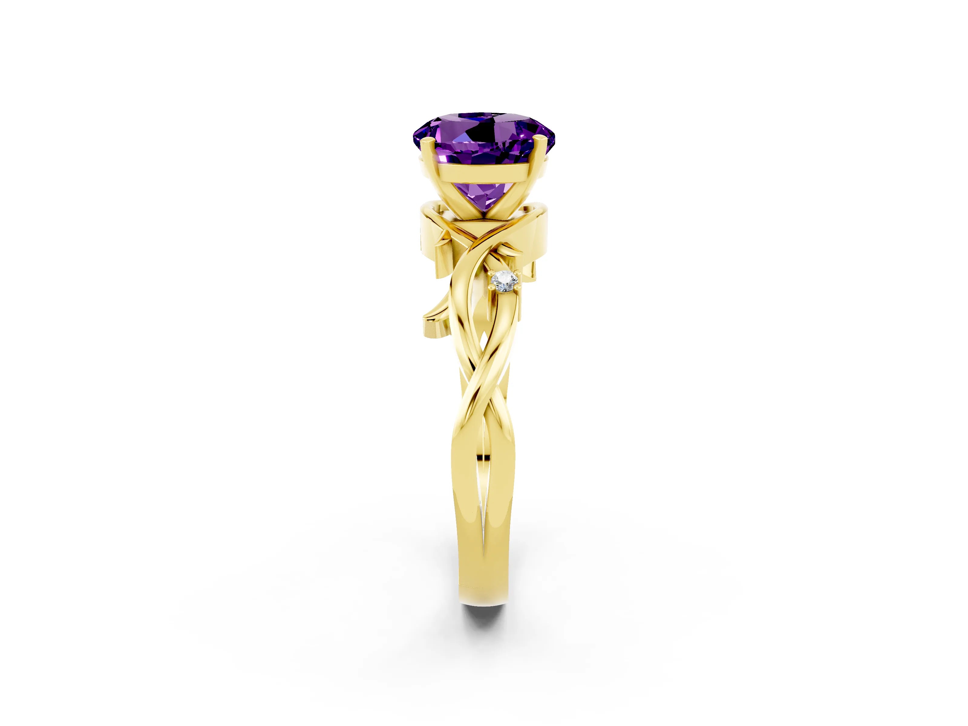 Yellow gold Round Cut Amethyst Solitaire Ring with Twisted Band and Prong Setting_2