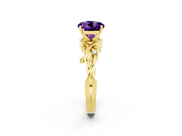 Yellow gold Round Cut Amethyst Solitaire Ring with Twisted Band and Prong Setting