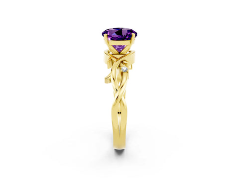 Yellow gold Round Cut Amethyst Solitaire Ring with Twisted Band and Prong Setting_2