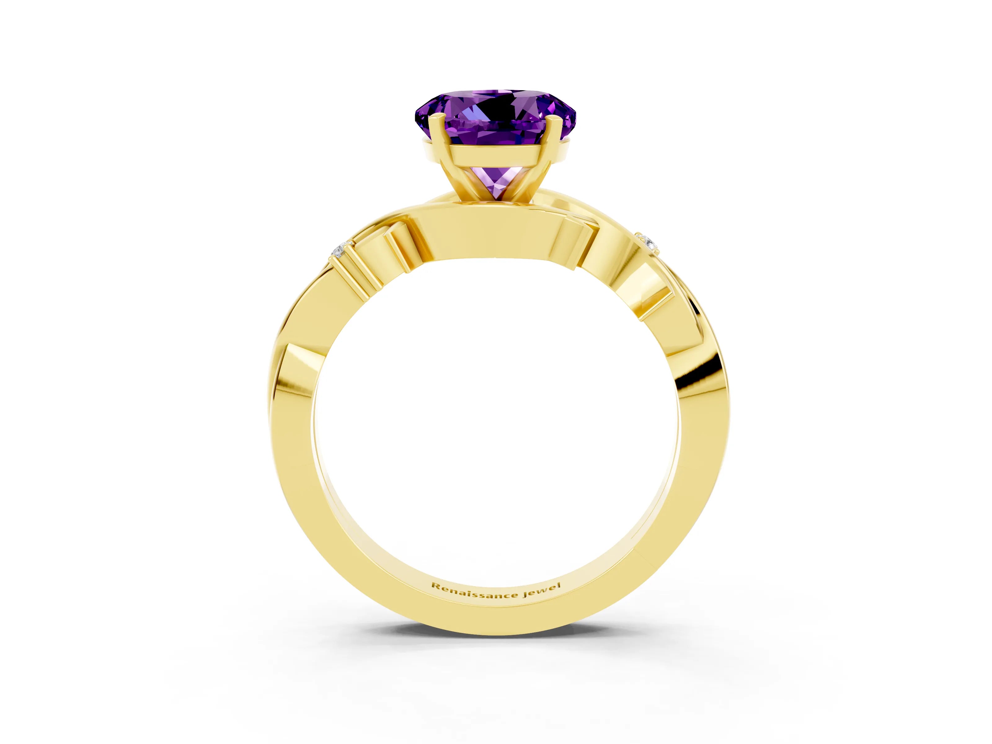 Yellow gold Round Cut Amethyst Solitaire Ring with Twisted Band and Prong Setting_3