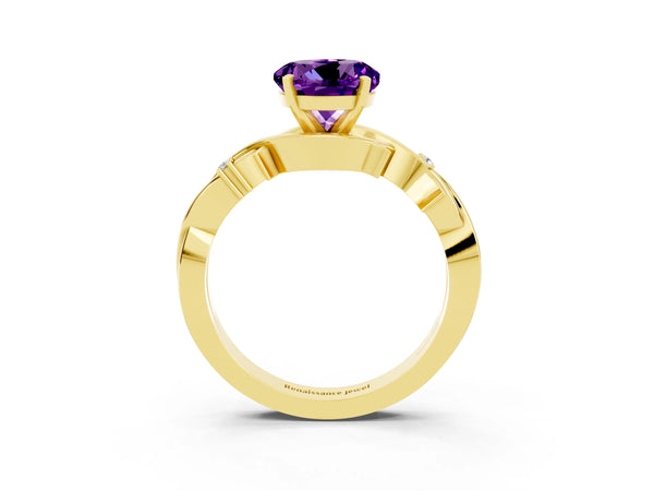 Yellow gold Round Cut Amethyst Solitaire Ring with Twisted Band and Prong Setting