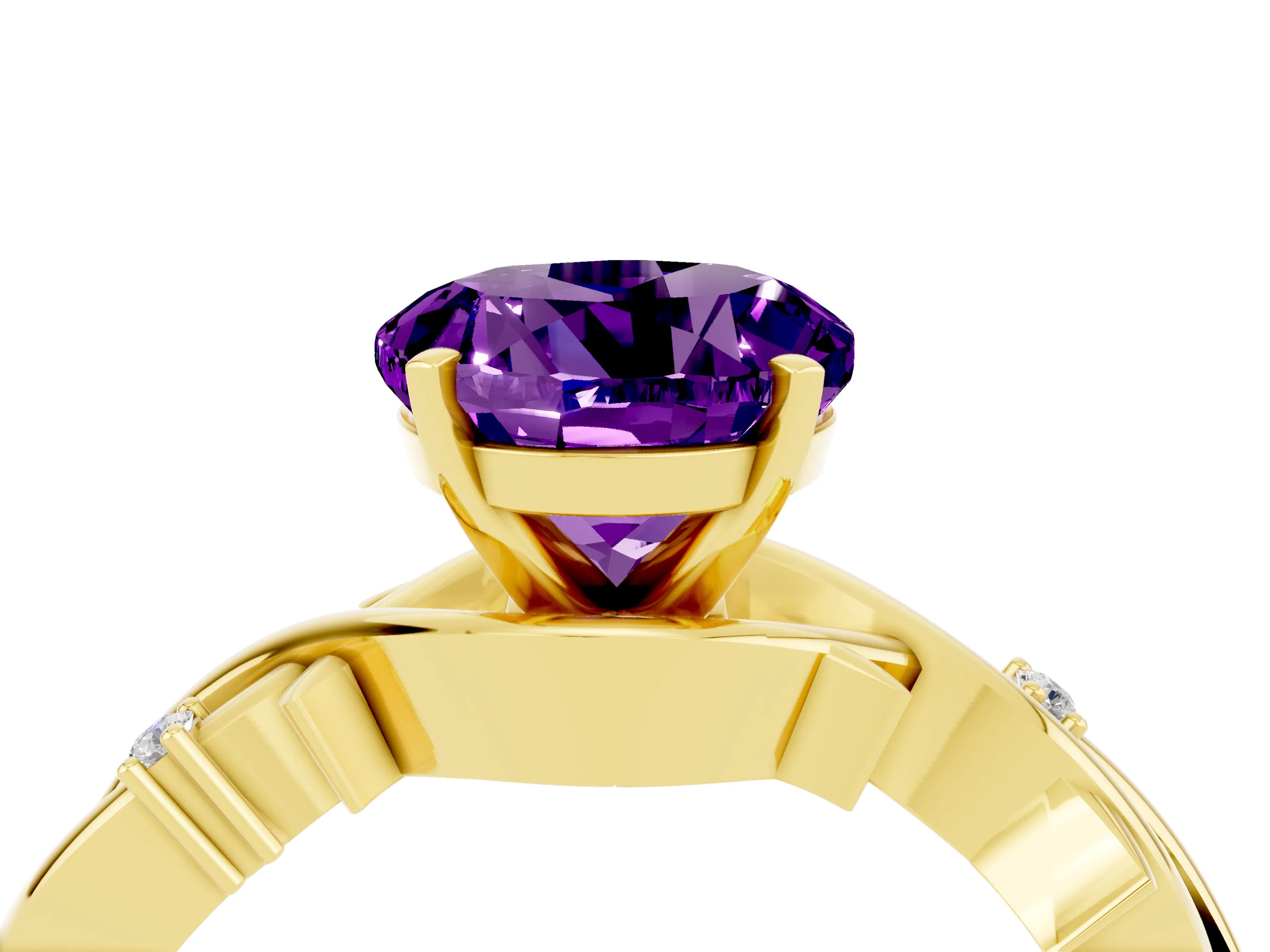 Yellow gold Round Cut Amethyst Solitaire Ring with Twisted Band and Prong Setting_4