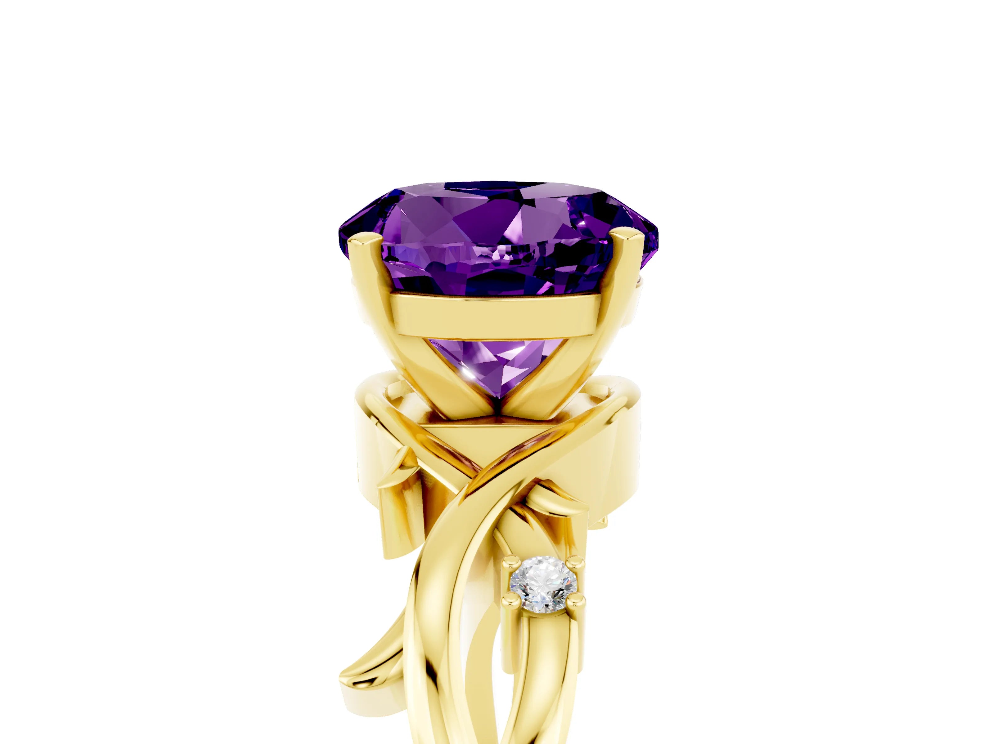 Yellow gold Round Cut Amethyst Solitaire Ring with Twisted Band and Prong Setting_5