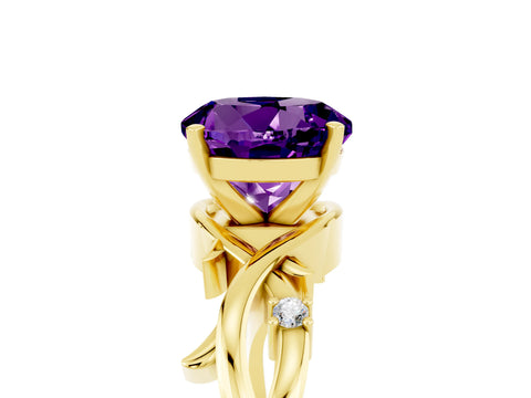 Yellow gold Round Cut Amethyst Solitaire Ring with Twisted Band and Prong Setting_5