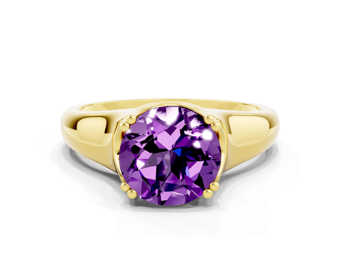 Yellow gold Round Cut Amethyst Solitaire Ring with Wide Band and Prong Setting