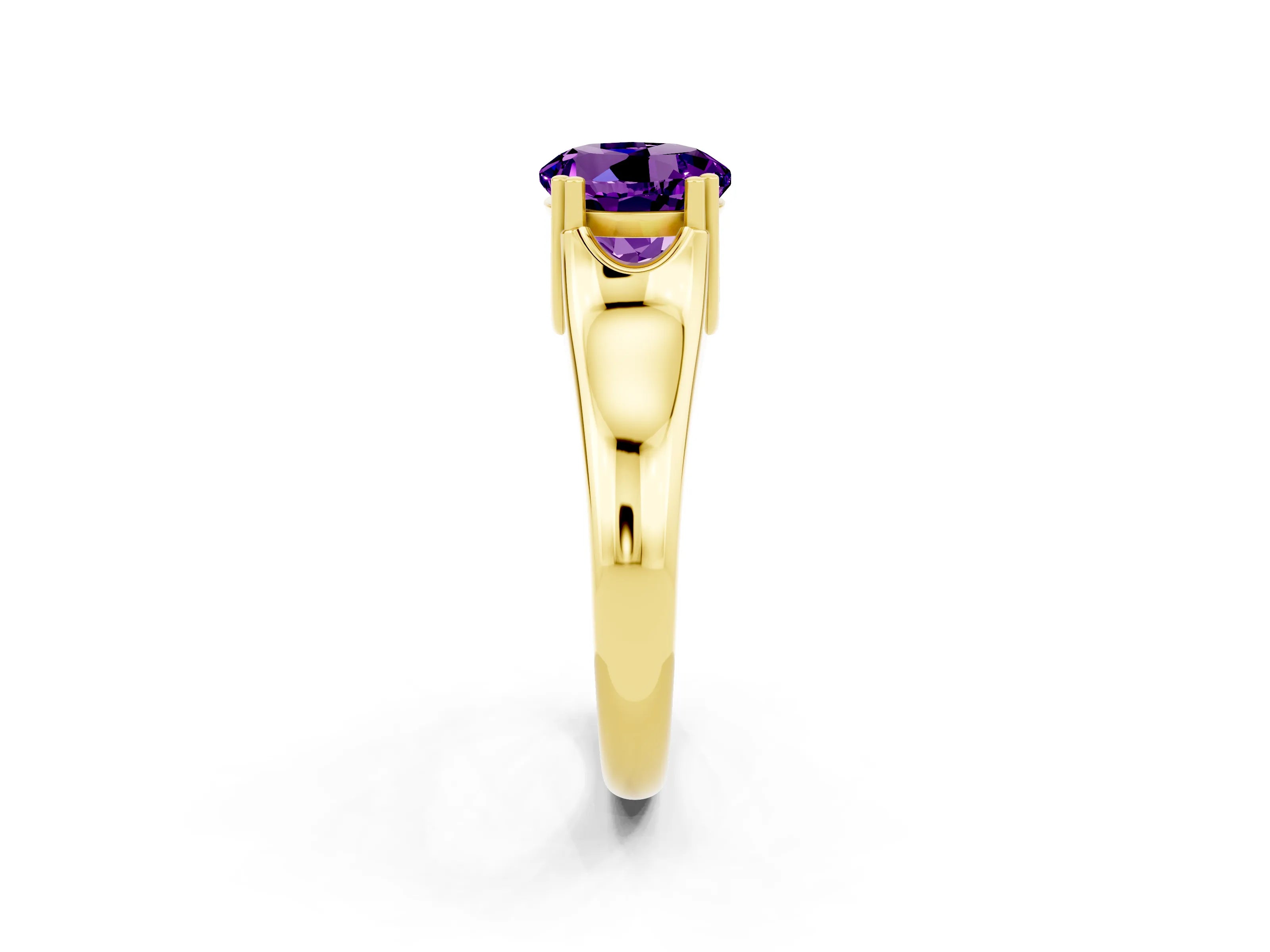 Yellow gold Round Cut Amethyst Solitaire Ring with Wide Band and Prong Setting_2