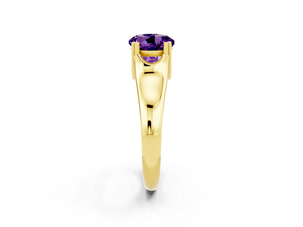Yellow gold Round Cut Amethyst Solitaire Ring with Wide Band and Prong Setting