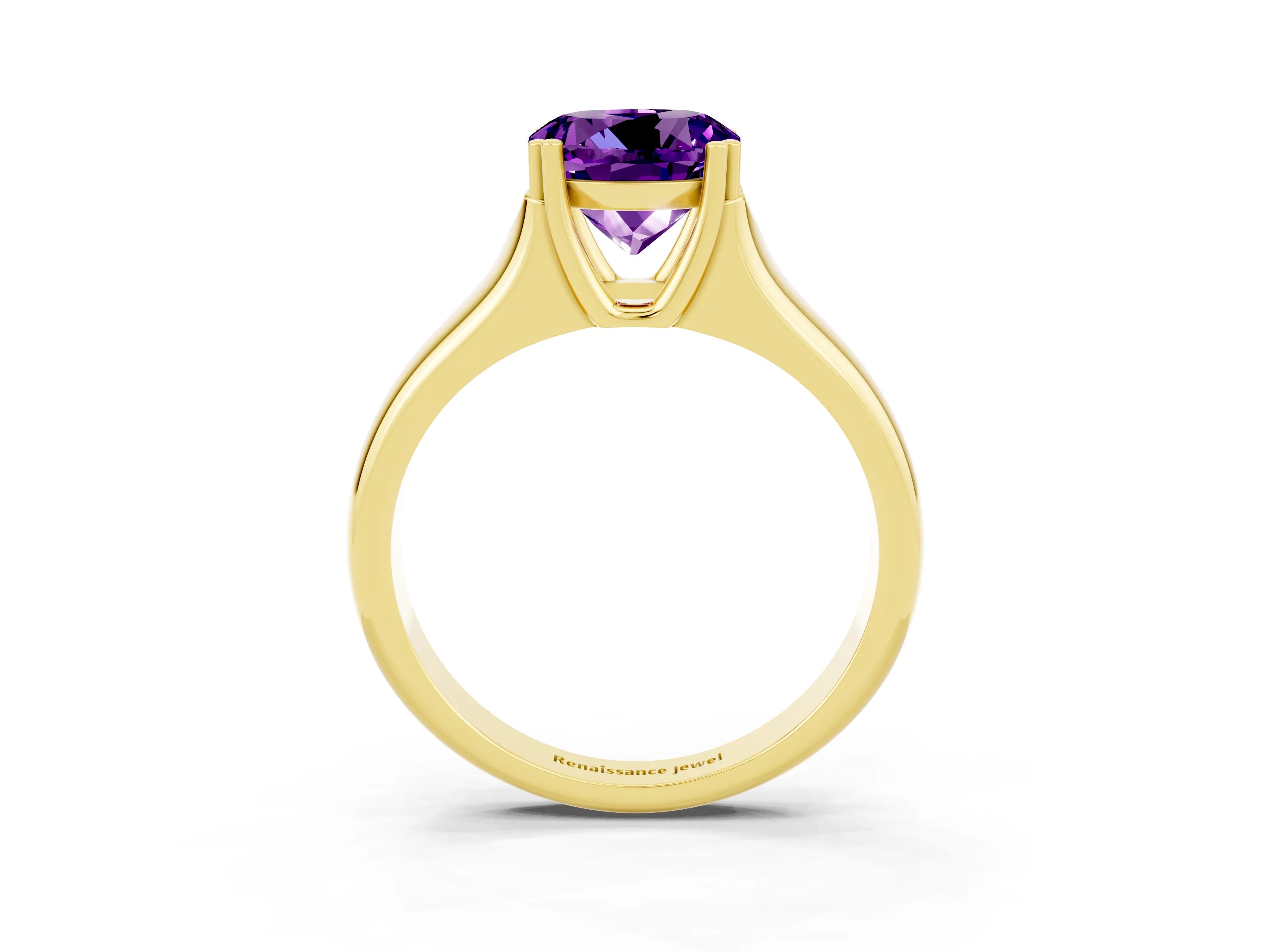 Yellow gold Round Cut Amethyst Solitaire Ring with Wide Band and Prong Setting_3