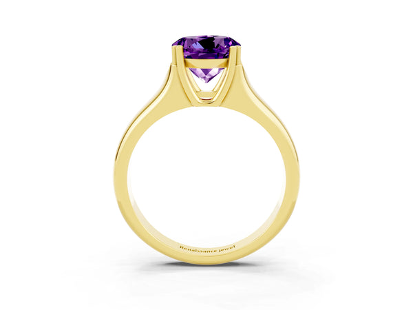 Yellow gold Round Cut Amethyst Solitaire Ring with Wide Band and Prong Setting