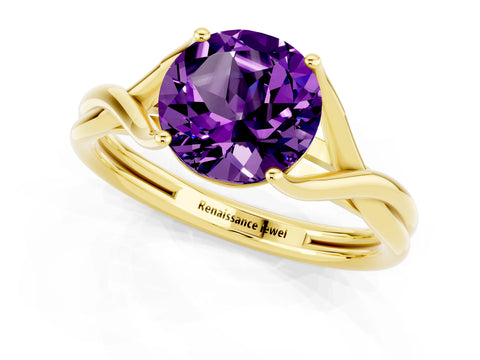 Yellow gold Round Cut Amethyst Solitaire Twist Band Prong Setting Ring_35