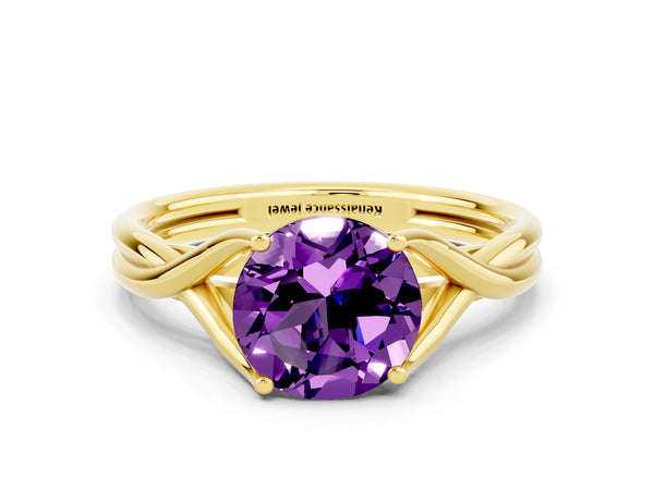 Yellow gold Round Cut Amethyst Solitaire Twist Band Prong Setting Ring