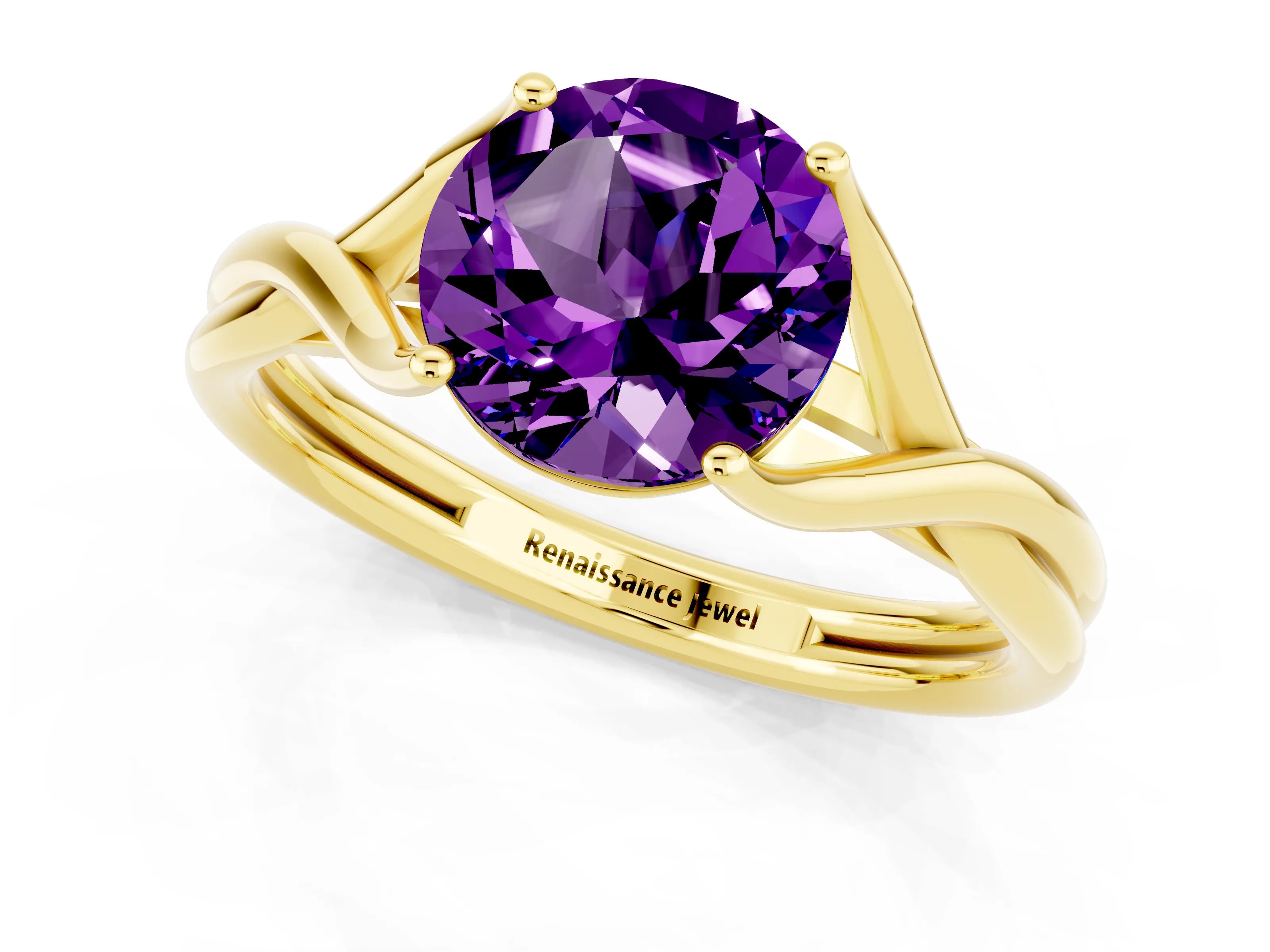 Yellow gold Round Cut Amethyst Solitaire Twist Band Prong Setting Ring_47