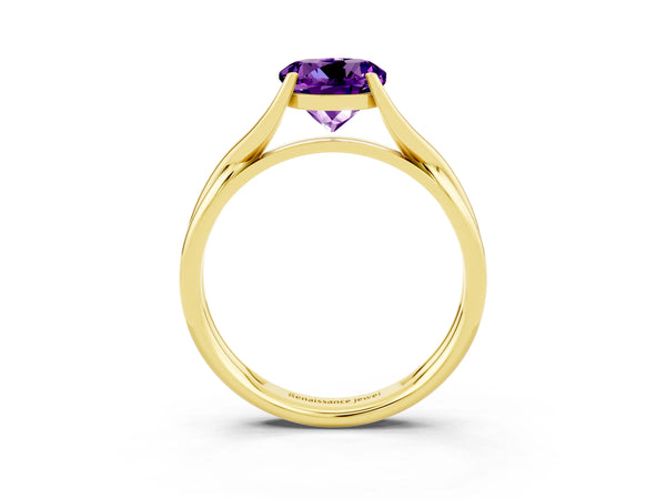 Yellow gold Round Cut Amethyst Solitaire Twist Band Prong Setting Ring