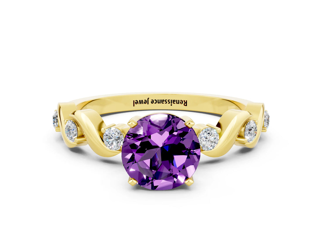 Yellow gold Round Cut Amethyst Solitaire Twisted Band with Round  Accents and Prong Setting_12