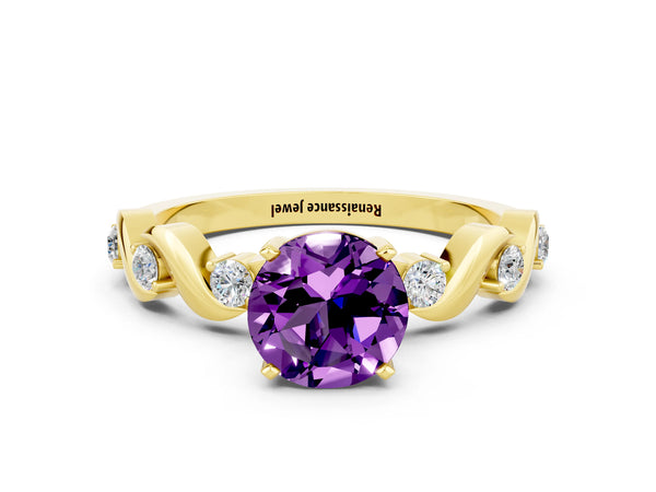 Yellow gold Round Cut Amethyst Solitaire Twisted Band with Round  Accents and Prong Setting