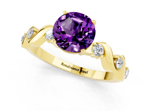 Yellow gold Round Cut Amethyst Solitaire Twisted Band with Round  Accents and Prong Setting