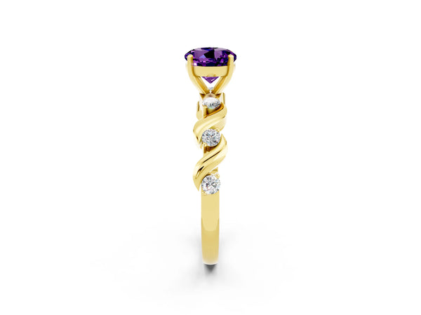 Yellow gold Round Cut Amethyst Solitaire Twisted Band with Round  Accents and Prong Setting