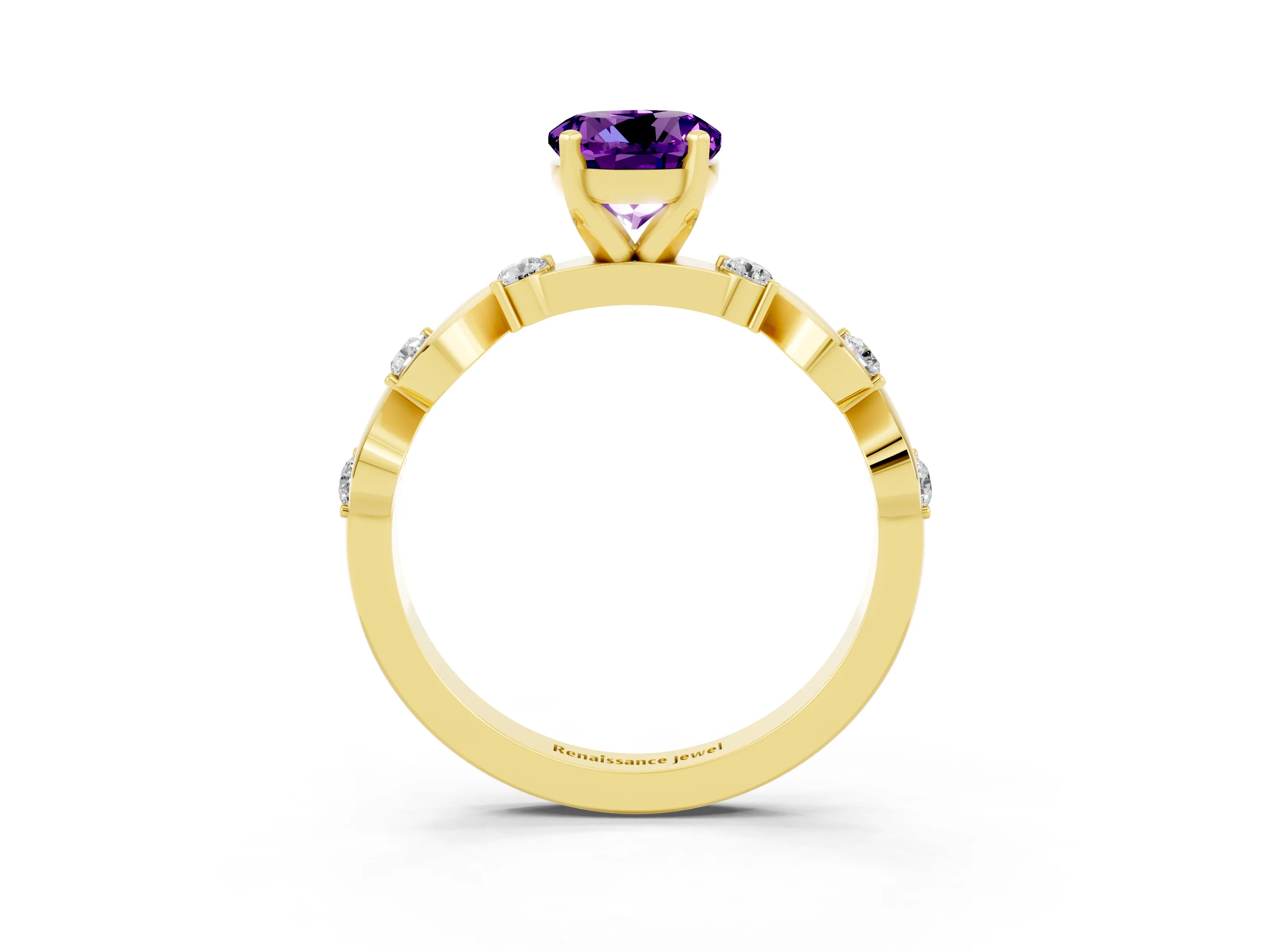 Yellow gold Round Cut Amethyst Solitaire Twisted Band with Round  Accents and Prong Setting_15