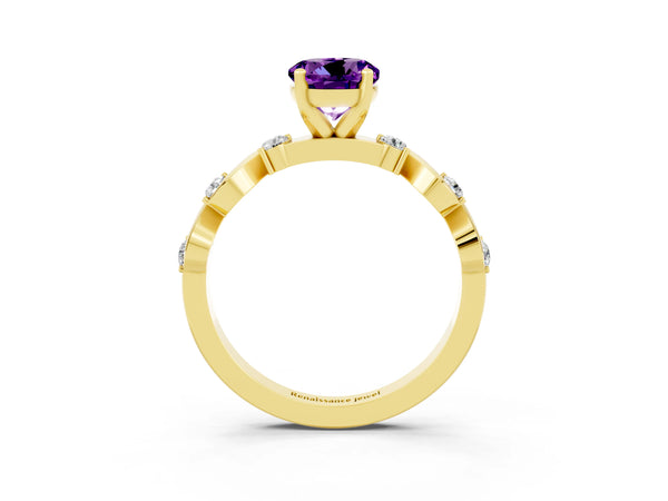 Yellow gold Round Cut Amethyst Solitaire Twisted Band with Round  Accents and Prong Setting
