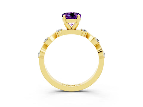 Yellow gold Round Cut Amethyst Solitaire Twisted Band with Round  Accents and Prong Setting_15