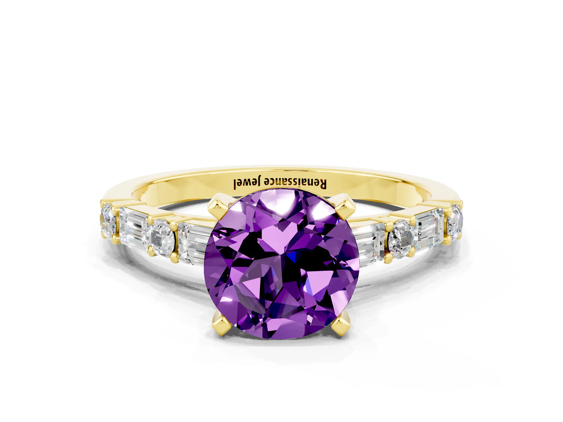 Yellow gold Round Cut Amethyst Solitaire with Side Baguettes and Channel Set Band