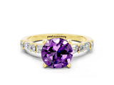 Yellow gold Round Cut Amethyst Solitaire with Side Baguettes and Channel Set Band