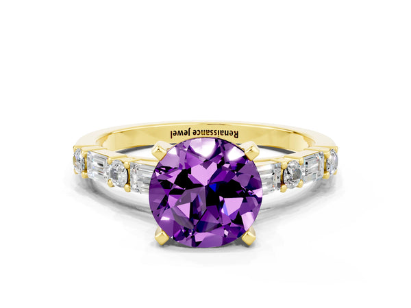 Yellow gold Round Cut Amethyst Solitaire with Side Baguettes and Channel Set Band