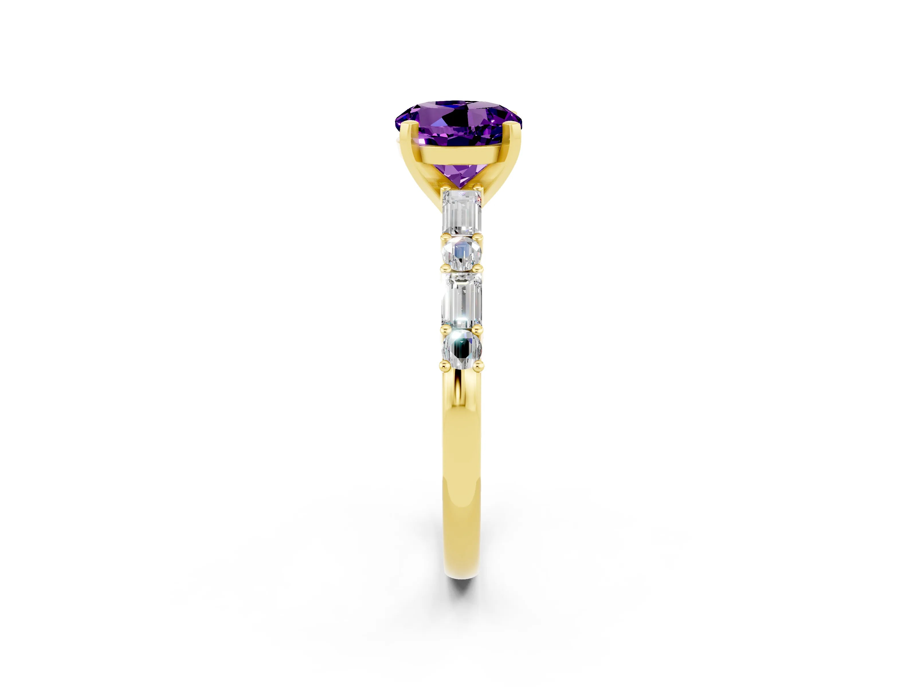 Yellow gold Round Cut Amethyst Solitaire with Side Baguettes and Channel Set Band_2