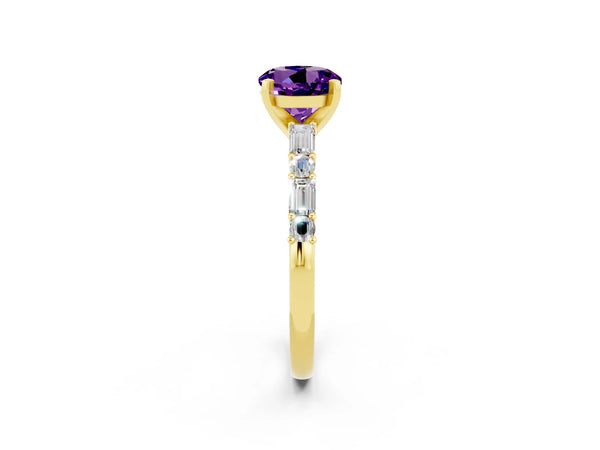 Yellow gold Round Cut Amethyst Solitaire with Side Baguettes and Channel Set Band