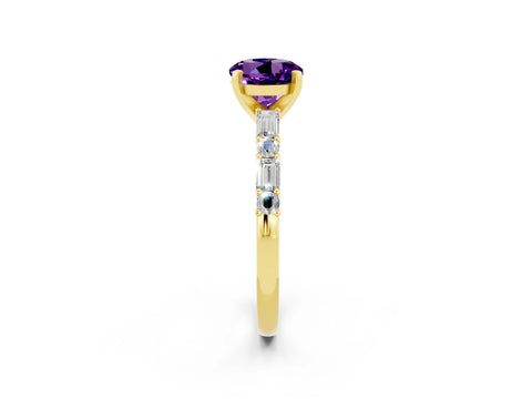 Yellow gold Round Cut Amethyst Solitaire with Side Baguettes and Channel Set Band_2