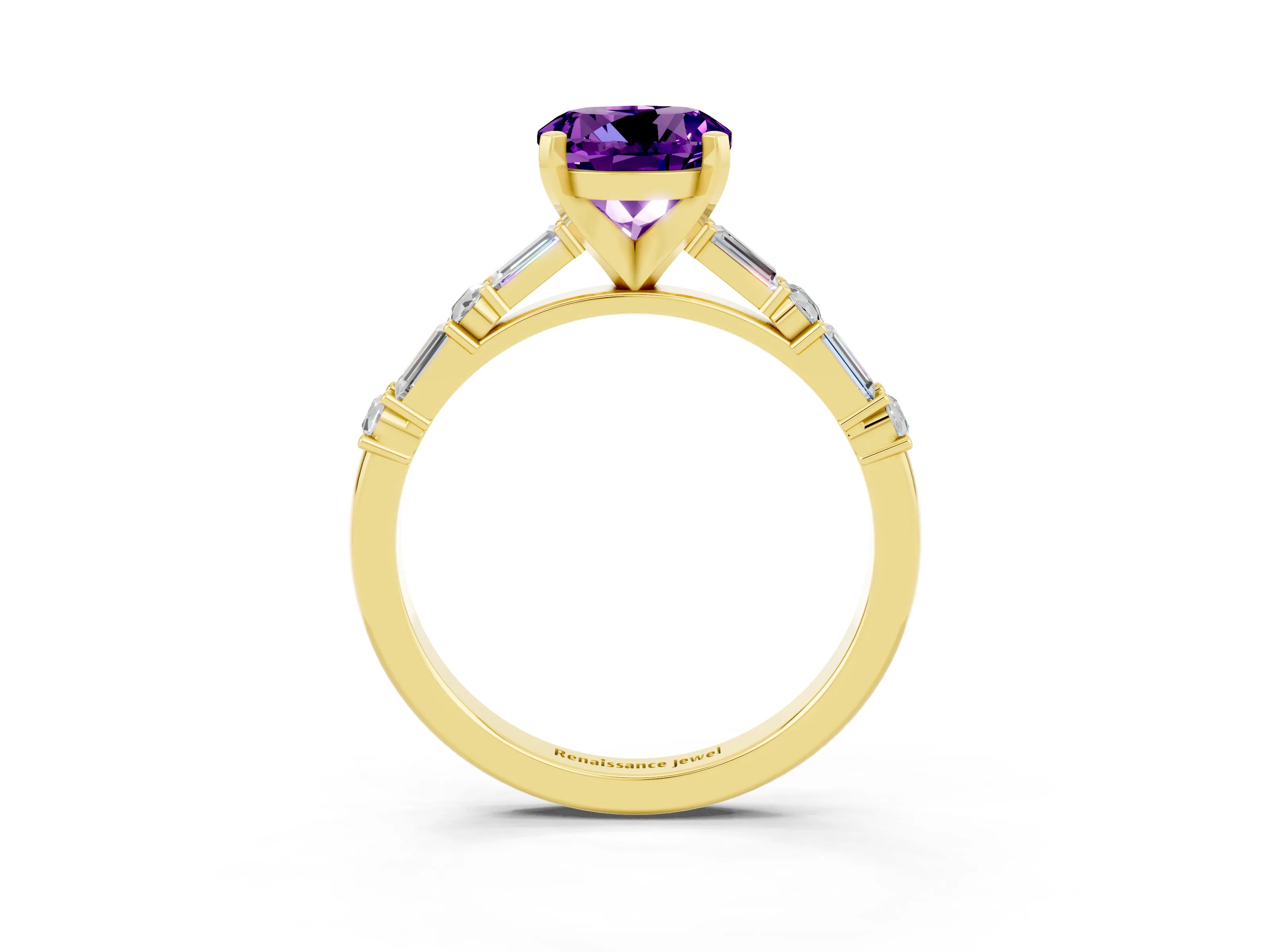 Yellow gold Round Cut Amethyst Solitaire with Side Baguettes and Channel Set Band_3