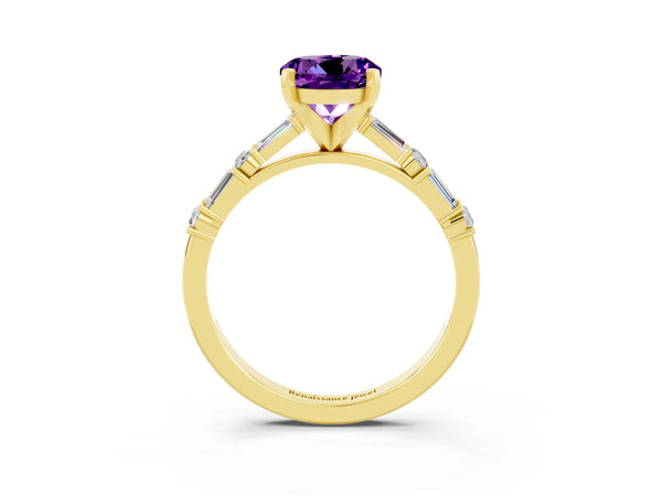Yellow gold Round Cut Amethyst Solitaire with Side Baguettes and Channel Set Band