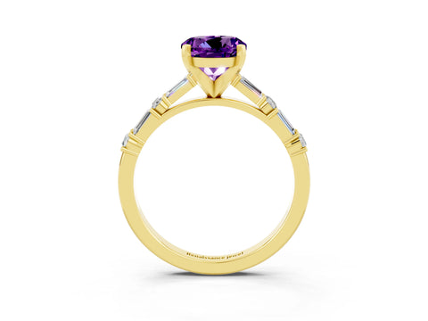 Yellow gold Round Cut Amethyst Solitaire with Side Baguettes and Channel Set Band_3