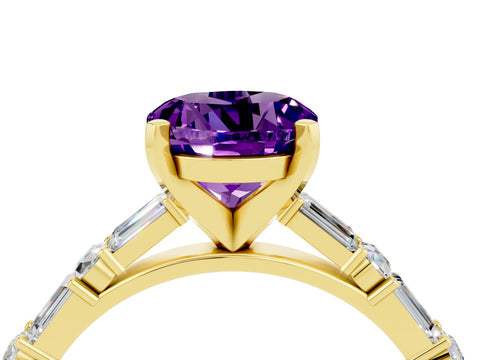 Yellow gold Round Cut Amethyst Solitaire with Side Baguettes and Channel Set Band_4